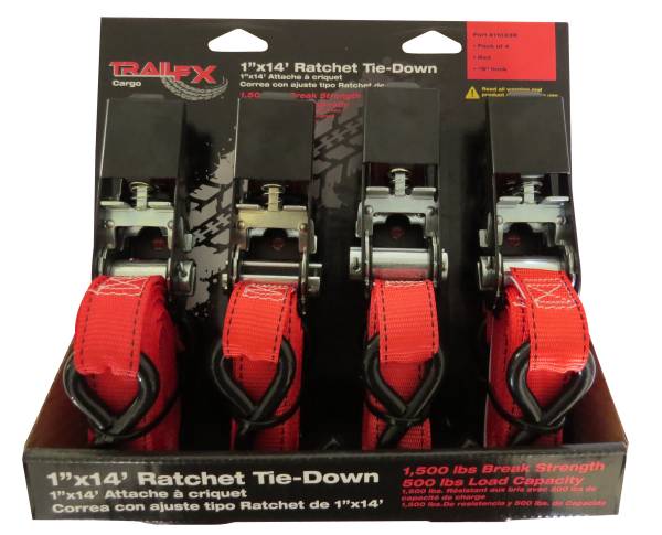 TrailFX - TrailFX Cargo Tie Down 14 Ft x 1 500 Lb Load 1500 Lb Break Cap W/Ratchet Red Pack 4 A11033R