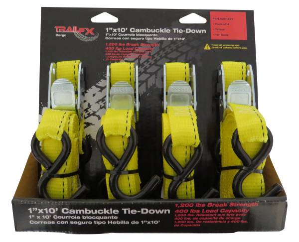 TrailFX - TrailFX Cargo Tie Down 10 Ft x 1 400 Lb Load 1200 Lb Break Cap W/Cam Buckl Yellow Pk 4 A21023Y